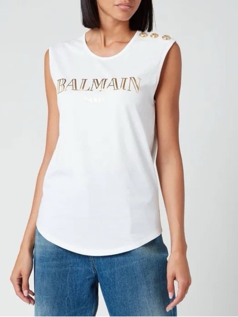 Balmain White Sleeveless Logo Tank with Gold Shoulder Buttons